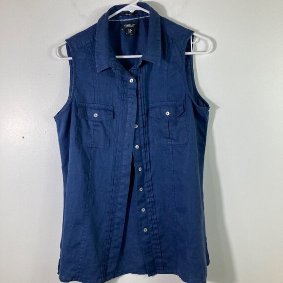 Womens Jones & Co Linen Shirt Sleeveless Button Navy M - Picture 1 of 6
